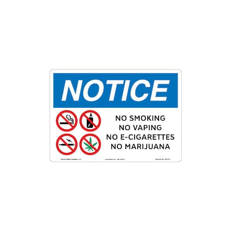 OSHA Compliant Notice No Smoking No Vaping Safety Signs Outdoor Weather Tuff Plastic (S2) 12 X 18